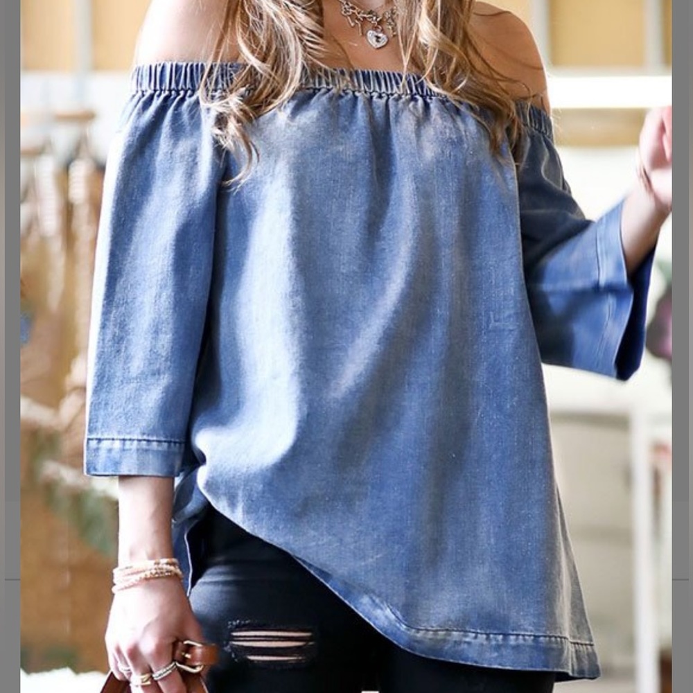 42POPS Off the Shoulder Relaxed 3/4 Sleeve Light Washed Denim Tunic Women’s, S - Picture 1 of 1